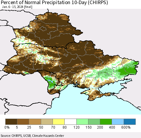 Ukraine, Moldova and Belarus Percent of Normal Precipitation 10-Day (CHIRPS) Thematic Map For 1/6/2024 - 1/15/2024