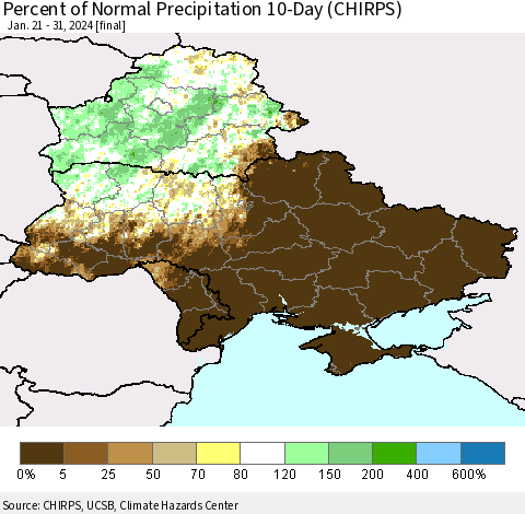 Ukraine, Moldova and Belarus Percent of Normal Precipitation 10-Day (CHIRPS) Thematic Map For 1/21/2024 - 1/31/2024