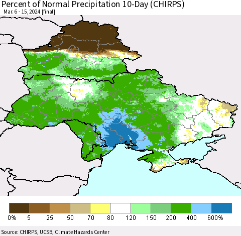 Ukraine, Moldova and Belarus Percent of Normal Precipitation 10-Day (CHIRPS) Thematic Map For 3/6/2024 - 3/15/2024