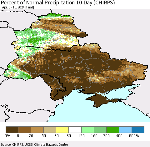 Ukraine, Moldova and Belarus Percent of Normal Precipitation 10-Day (CHIRPS) Thematic Map For 4/6/2024 - 4/15/2024