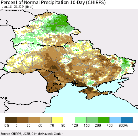 Ukraine, Moldova and Belarus Percent of Normal Precipitation 10-Day (CHIRPS) Thematic Map For 6/16/2024 - 6/25/2024