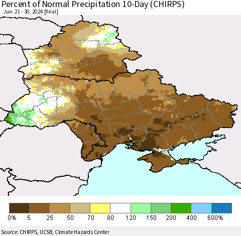 Ukraine, Moldova and Belarus Percent of Normal Precipitation 10-Day (CHIRPS) Thematic Map For 6/21/2024 - 6/30/2024