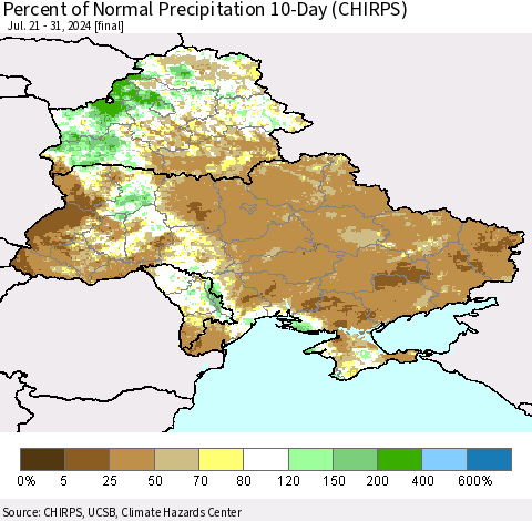 Ukraine, Moldova and Belarus Percent of Normal Precipitation 10-Day (CHIRPS) Thematic Map For 7/21/2024 - 7/31/2024