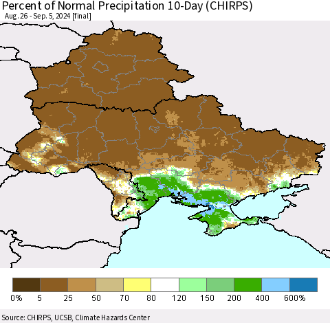 Ukraine, Moldova and Belarus Percent of Normal Precipitation 10-Day (CHIRPS) Thematic Map For 8/26/2024 - 9/5/2024