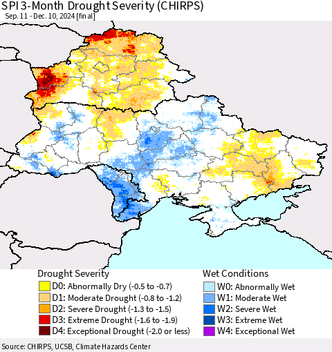 Ukraine, Moldova and Belarus SPI 3-Month Drought Severity (CHIRPS) Thematic Map For 9/11/2024 - 12/10/2024