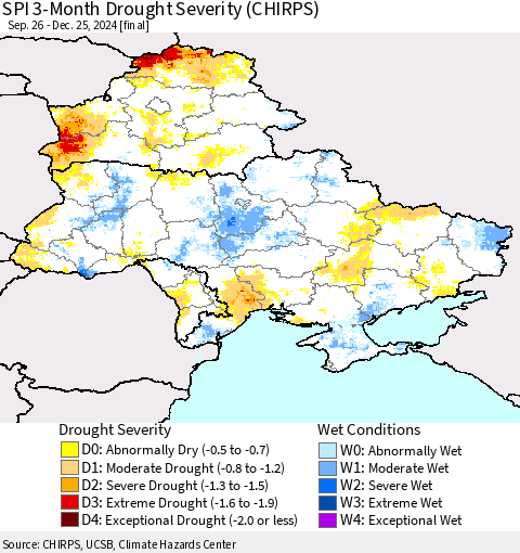 Ukraine, Moldova and Belarus SPI 3-Month Drought Severity (CHIRPS) Thematic Map For 9/26/2024 - 12/25/2024
