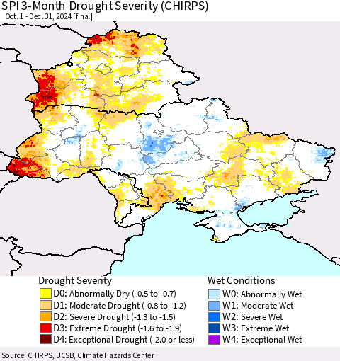 Ukraine, Moldova and Belarus SPI 3-Month Drought Severity (CHIRPS) Thematic Map For 10/1/2024 - 12/31/2024