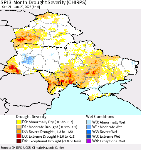Ukraine, Moldova and Belarus SPI 3-Month Drought Severity (CHIRPS) Thematic Map For 10/21/2024 - 1/20/2025