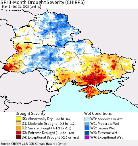 Ukraine, Moldova and Belarus SPI 3-Month Drought Severity (CHIRPS) Thematic Map For 5/1/2025 - 7/31/2025