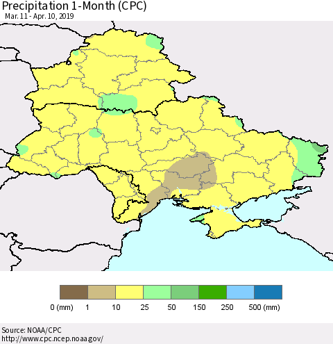 Ukraine, Moldova and Belarus Precipitation 1-Month (CPC) Thematic Map For 3/11/2019 - 4/10/2019