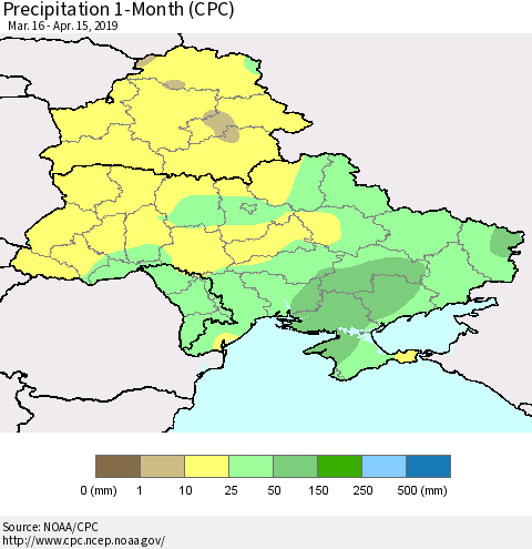 Ukraine, Moldova and Belarus Precipitation 1-Month (CPC) Thematic Map For 3/16/2019 - 4/15/2019