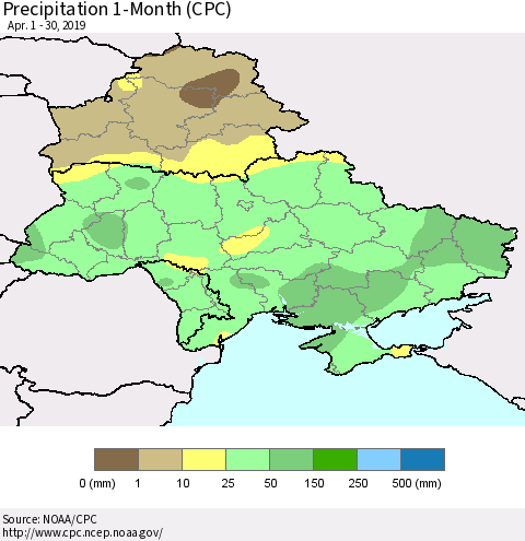 Ukraine, Moldova and Belarus Precipitation 1-Month (CPC) Thematic Map For 4/1/2019 - 4/30/2019