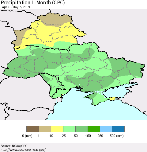 Ukraine, Moldova and Belarus Precipitation 1-Month (CPC) Thematic Map For 4/6/2019 - 5/5/2019