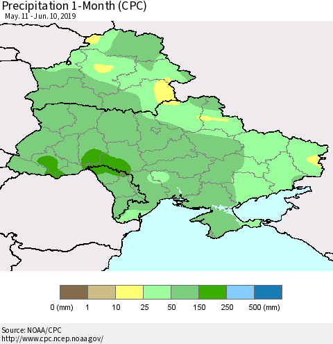 Ukraine, Moldova and Belarus Precipitation 1-Month (CPC) Thematic Map For 5/11/2019 - 6/10/2019