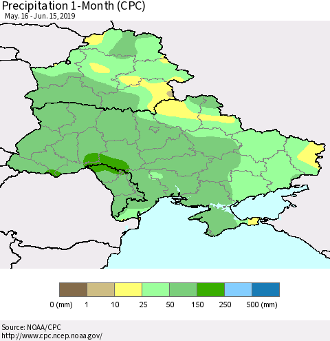 Ukraine, Moldova and Belarus Precipitation 1-Month (CPC) Thematic Map For 5/16/2019 - 6/15/2019