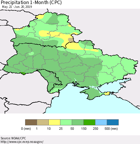 Ukraine, Moldova and Belarus Precipitation 1-Month (CPC) Thematic Map For 5/21/2019 - 6/20/2019