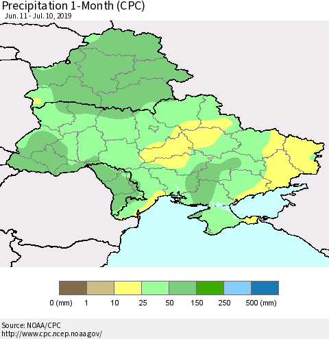 Ukraine, Moldova and Belarus Precipitation 1-Month (CPC) Thematic Map For 6/11/2019 - 7/10/2019