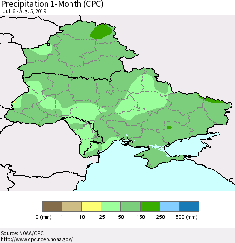 Ukraine, Moldova and Belarus Precipitation 1-Month (CPC) Thematic Map For 7/6/2019 - 8/5/2019