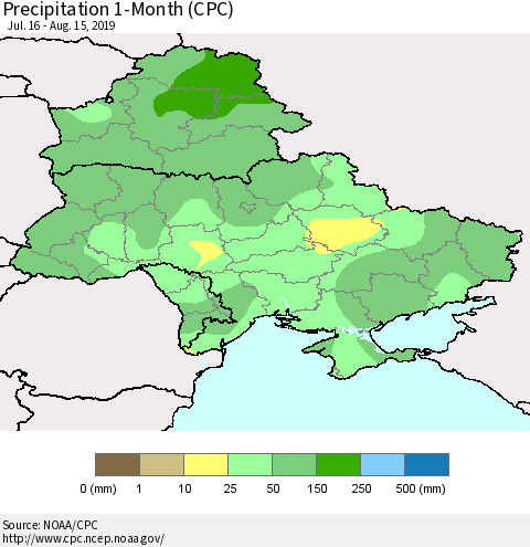 Ukraine, Moldova and Belarus Precipitation 1-Month (CPC) Thematic Map For 7/16/2019 - 8/15/2019