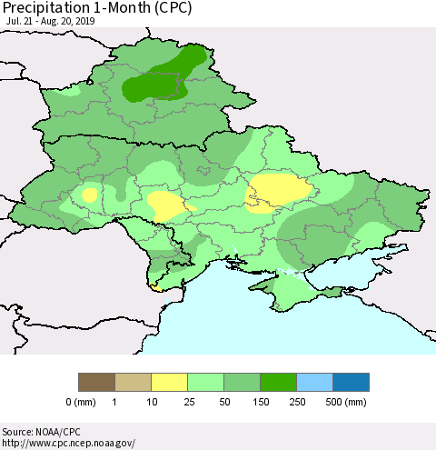 Ukraine, Moldova and Belarus Precipitation 1-Month (CPC) Thematic Map For 7/21/2019 - 8/20/2019