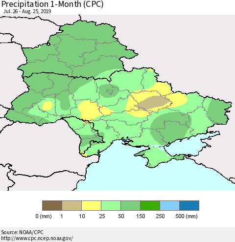 Ukraine, Moldova and Belarus Precipitation 1-Month (CPC) Thematic Map For 7/26/2019 - 8/25/2019