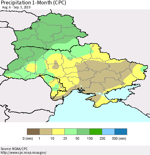 Ukraine, Moldova and Belarus Precipitation 1-Month (CPC) Thematic Map For 8/6/2019 - 9/5/2019