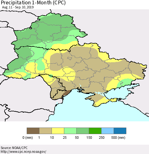 Ukraine, Moldova and Belarus Precipitation 1-Month (CPC) Thematic Map For 8/11/2019 - 9/10/2019