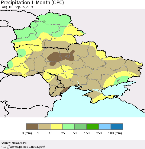 Ukraine, Moldova and Belarus Precipitation 1-Month (CPC) Thematic Map For 8/16/2019 - 9/15/2019