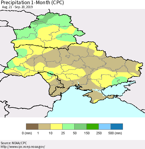 Ukraine, Moldova and Belarus Precipitation 1-Month (CPC) Thematic Map For 8/21/2019 - 9/20/2019