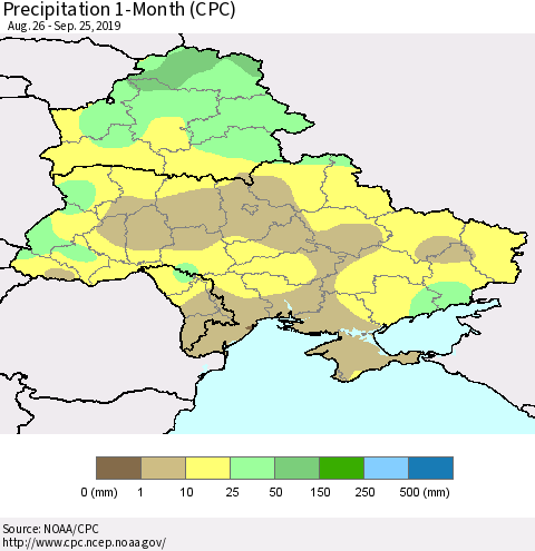Ukraine, Moldova and Belarus Precipitation 1-Month (CPC) Thematic Map For 8/26/2019 - 9/25/2019