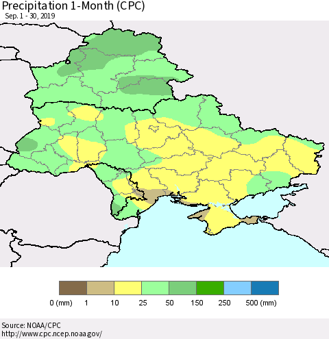 Ukraine, Moldova and Belarus Precipitation 1-Month (CPC) Thematic Map For 9/1/2019 - 9/30/2019