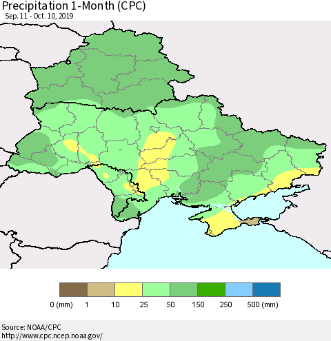 Ukraine, Moldova and Belarus Precipitation 1-Month (CPC) Thematic Map For 9/11/2019 - 10/10/2019