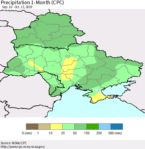 Ukraine, Moldova and Belarus Precipitation 1-Month (CPC) Thematic Map For 9/16/2019 - 10/15/2019