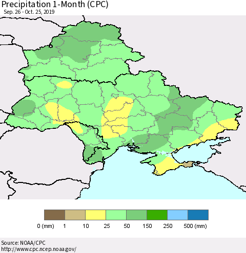 Ukraine, Moldova and Belarus Precipitation 1-Month (CPC) Thematic Map For 9/26/2019 - 10/25/2019