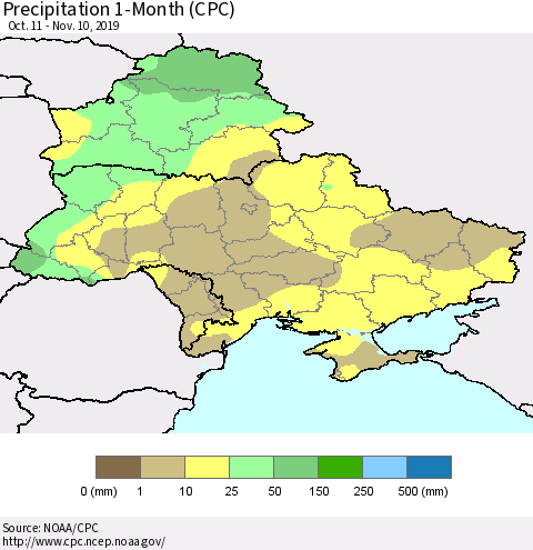 Ukraine, Moldova and Belarus Precipitation 1-Month (CPC) Thematic Map For 10/11/2019 - 11/10/2019
