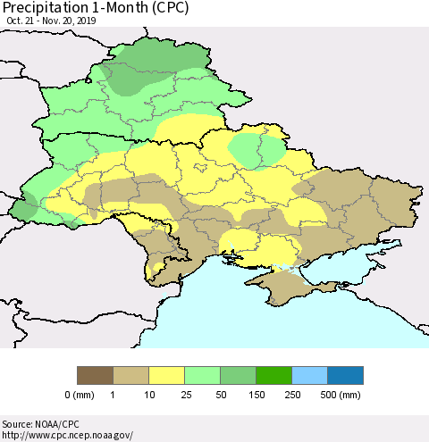 Ukraine, Moldova and Belarus Precipitation 1-Month (CPC) Thematic Map For 10/21/2019 - 11/20/2019