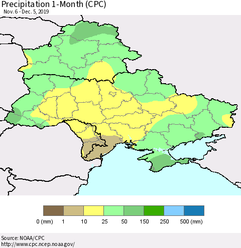 Ukraine, Moldova and Belarus Precipitation 1-Month (CPC) Thematic Map For 11/6/2019 - 12/5/2019