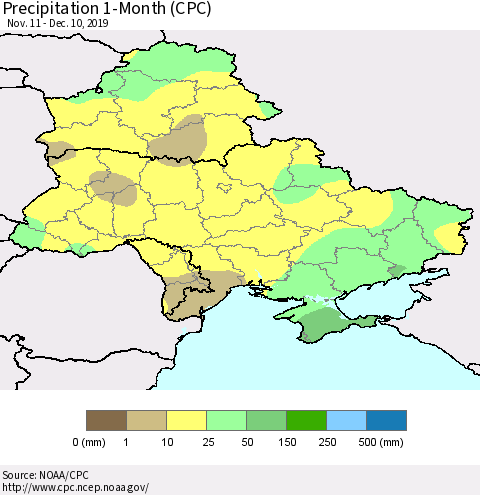 Ukraine, Moldova and Belarus Precipitation 1-Month (CPC) Thematic Map For 11/11/2019 - 12/10/2019