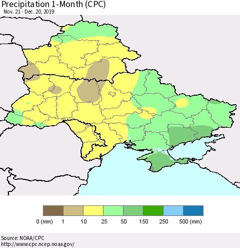 Ukraine, Moldova and Belarus Precipitation 1-Month (CPC) Thematic Map For 11/21/2019 - 12/20/2019
