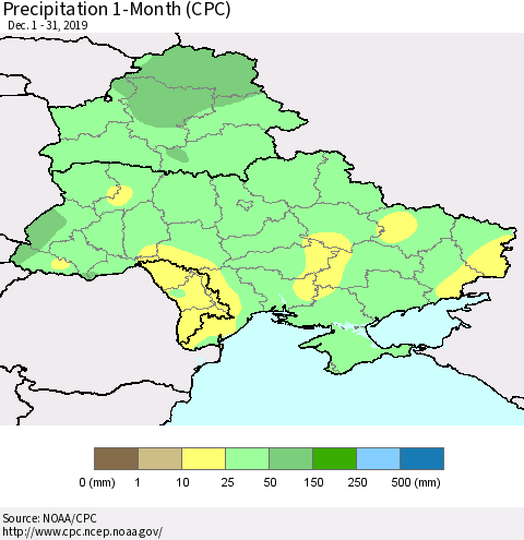 Ukraine, Moldova and Belarus Precipitation 1-Month (CPC) Thematic Map For 12/1/2019 - 12/31/2019