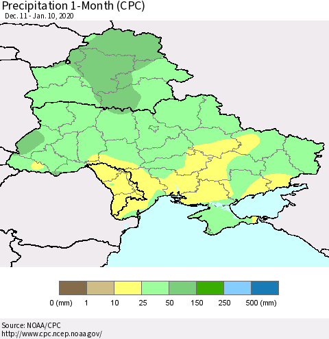 Ukraine, Moldova and Belarus Precipitation 1-Month (CPC) Thematic Map For 12/11/2019 - 1/10/2020