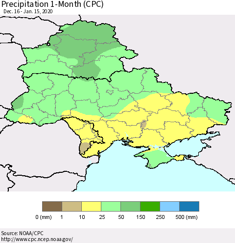 Ukraine, Moldova and Belarus Precipitation 1-Month (CPC) Thematic Map For 12/16/2019 - 1/15/2020