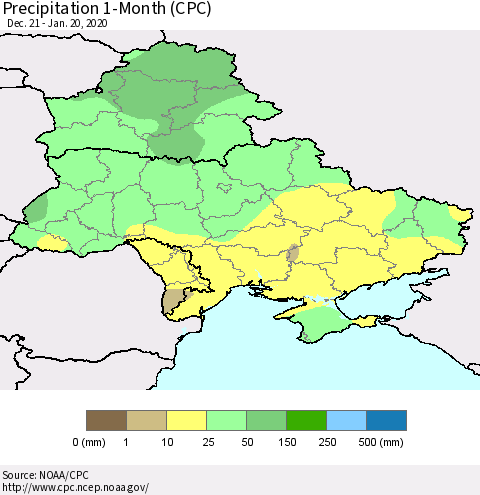 Ukraine, Moldova and Belarus Precipitation 1-Month (CPC) Thematic Map For 12/21/2019 - 1/20/2020