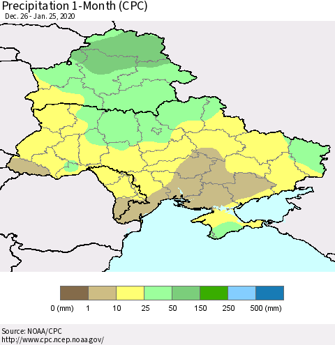 Ukraine, Moldova and Belarus Precipitation 1-Month (CPC) Thematic Map For 12/26/2019 - 1/25/2020