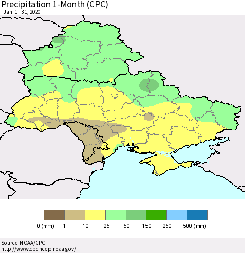 Ukraine, Moldova and Belarus Precipitation 1-Month (CPC) Thematic Map For 1/1/2020 - 1/31/2020