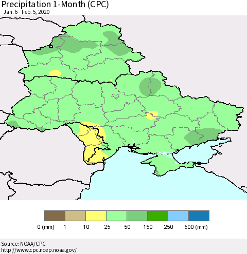 Ukraine, Moldova and Belarus Precipitation 1-Month (CPC) Thematic Map For 1/6/2020 - 2/5/2020