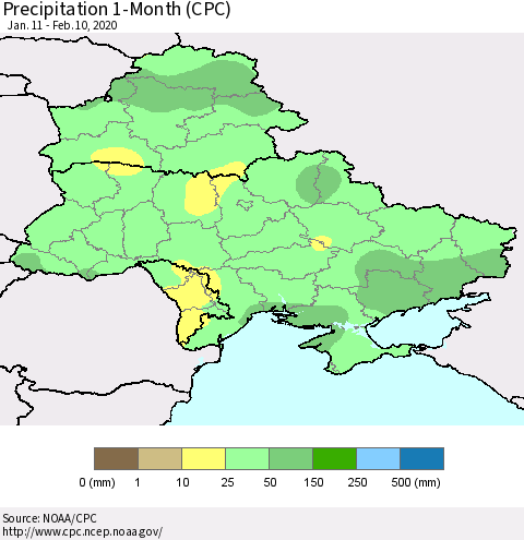 Ukraine, Moldova and Belarus Precipitation 1-Month (CPC) Thematic Map For 1/11/2020 - 2/10/2020