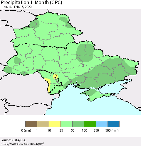 Ukraine, Moldova and Belarus Precipitation 1-Month (CPC) Thematic Map For 1/16/2020 - 2/15/2020
