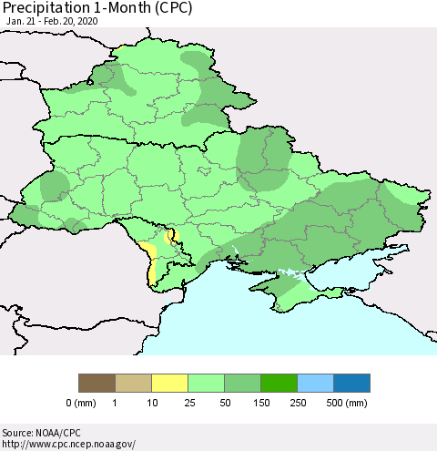 Ukraine, Moldova and Belarus Precipitation 1-Month (CPC) Thematic Map For 1/21/2020 - 2/20/2020