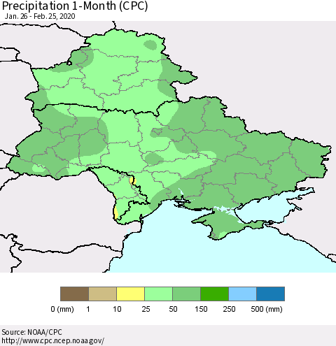 Ukraine, Moldova and Belarus Precipitation 1-Month (CPC) Thematic Map For 1/26/2020 - 2/25/2020